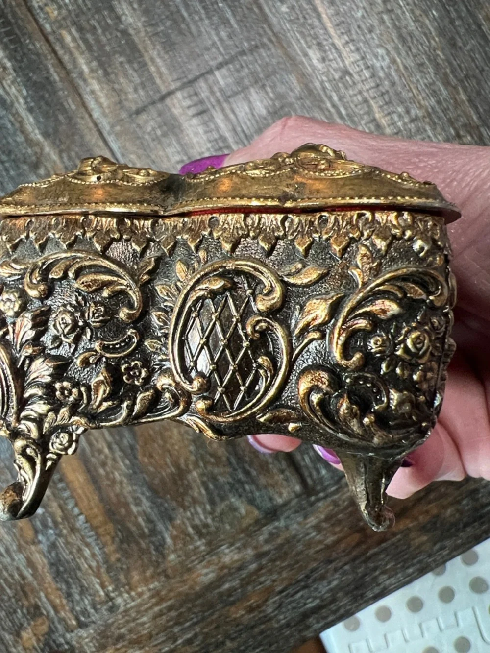 Ornate Butterfly Filigree Trinket Box in Antique Gold and Red Vintage